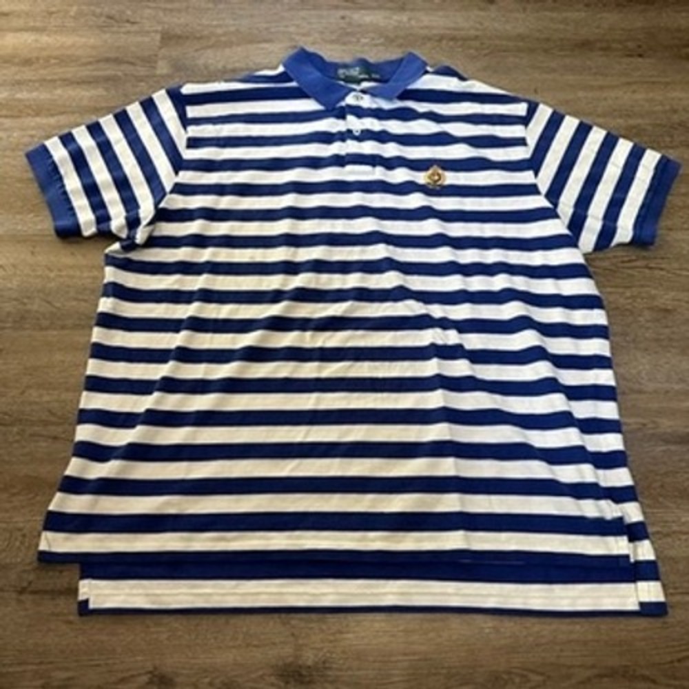 Polo Ralph Lauren Mens XXL Blue White Striped Crest Logo Pique Polo Shirt